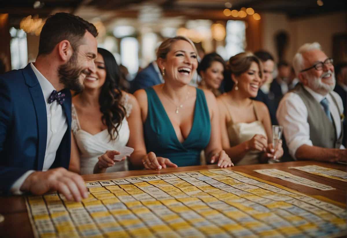Guests eagerly play wedding bingo, marking off squares as the bride and groom perform traditional activities. Laughter and excitement fill the air