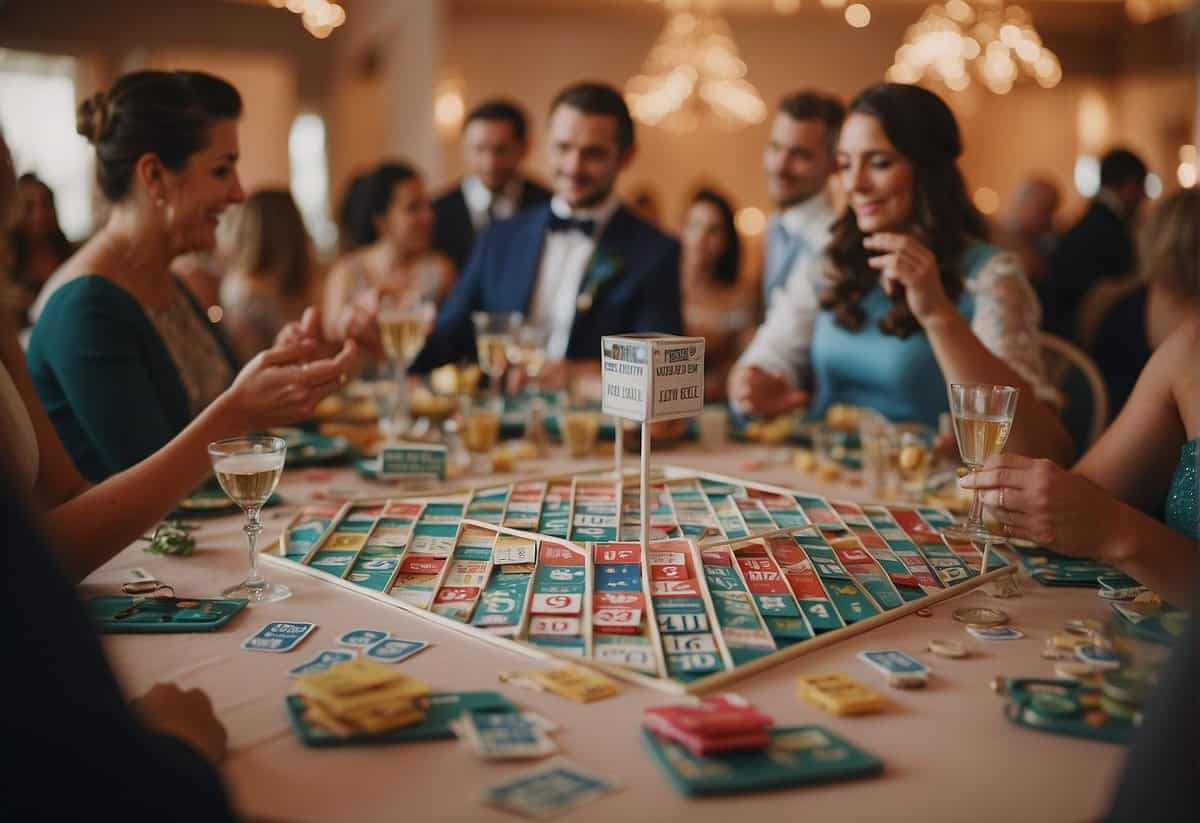 A wedding reception with guests playing bingo, surrounded by keepsakes and memorable moments displayed on a table