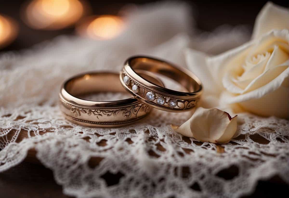 Two weathered wedding rings resting on a vintage lace handkerchief, surrounded by soft candlelight and dried rose petals