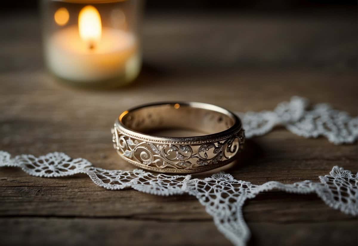 An old wedding ring rests on a weathered wooden table, surrounded by soft candlelight and a vintage lace tablecloth