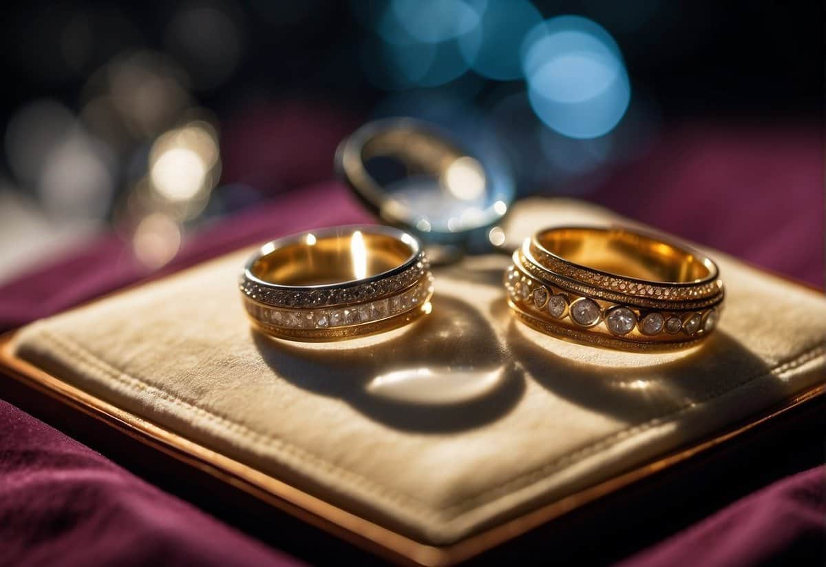 Two old wedding rings being carefully examined by a jeweler with a magnifying glass and then placed on a velvet display pad