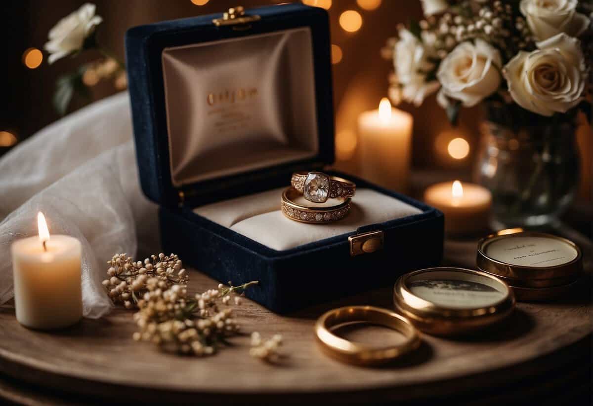 Old wedding rings, nestled in a velvet-lined jewelry box, surrounded by dried flowers and love letters. A single candle flickers nearby, casting a warm glow on the cherished mementos