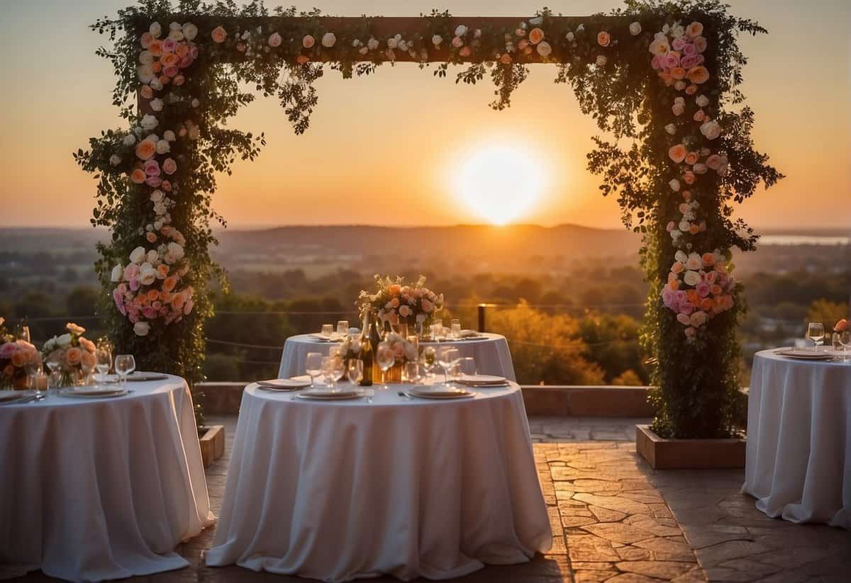A colorful wedding poster featuring a floral arch, elegant table settings, and a romantic sunset backdrop