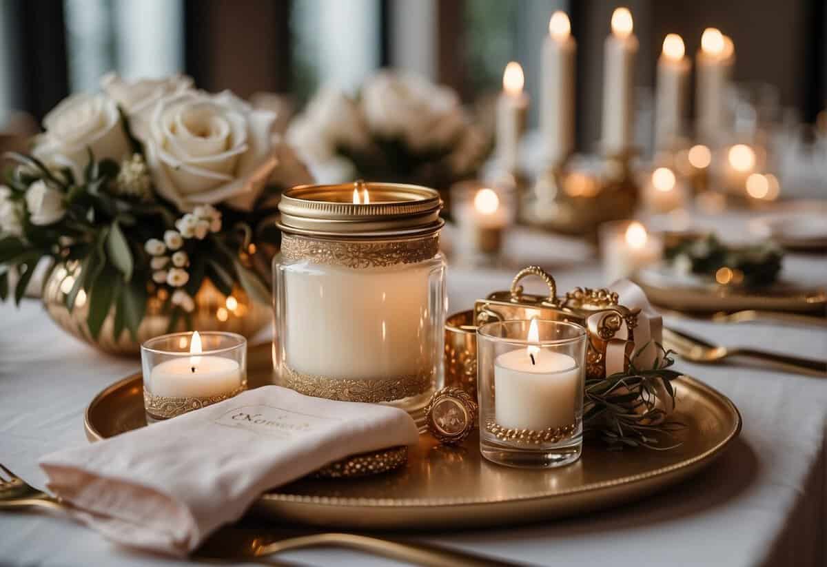 A table adorned with assorted wedding favors from Pinterest, including handmade trinkets, personalized candles, and elegant packaging