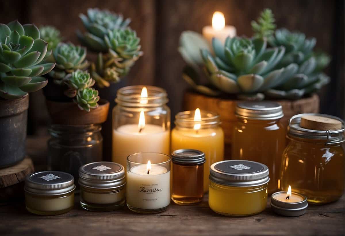 A table adorned with assorted wedding favours, such as mini succulents, personalized candles, and small jars of honey, arranged neatly on a rustic wooden backdrop