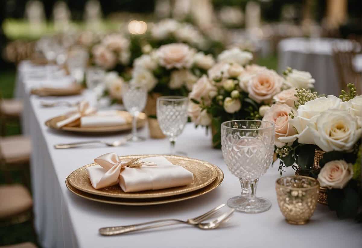 A table set with elegant wedding favours, surrounded by floral arrangements and decorative ribbons. Pinterest boards with various wedding favour ideas displayed in the background