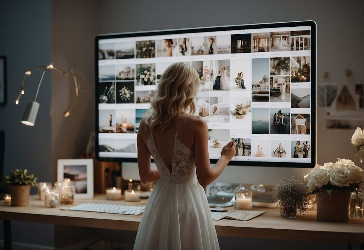 A bride browsing through a digital mood board filled with modern wedding dress ideas on Pinterest, surrounded by a clean and minimalist workspace