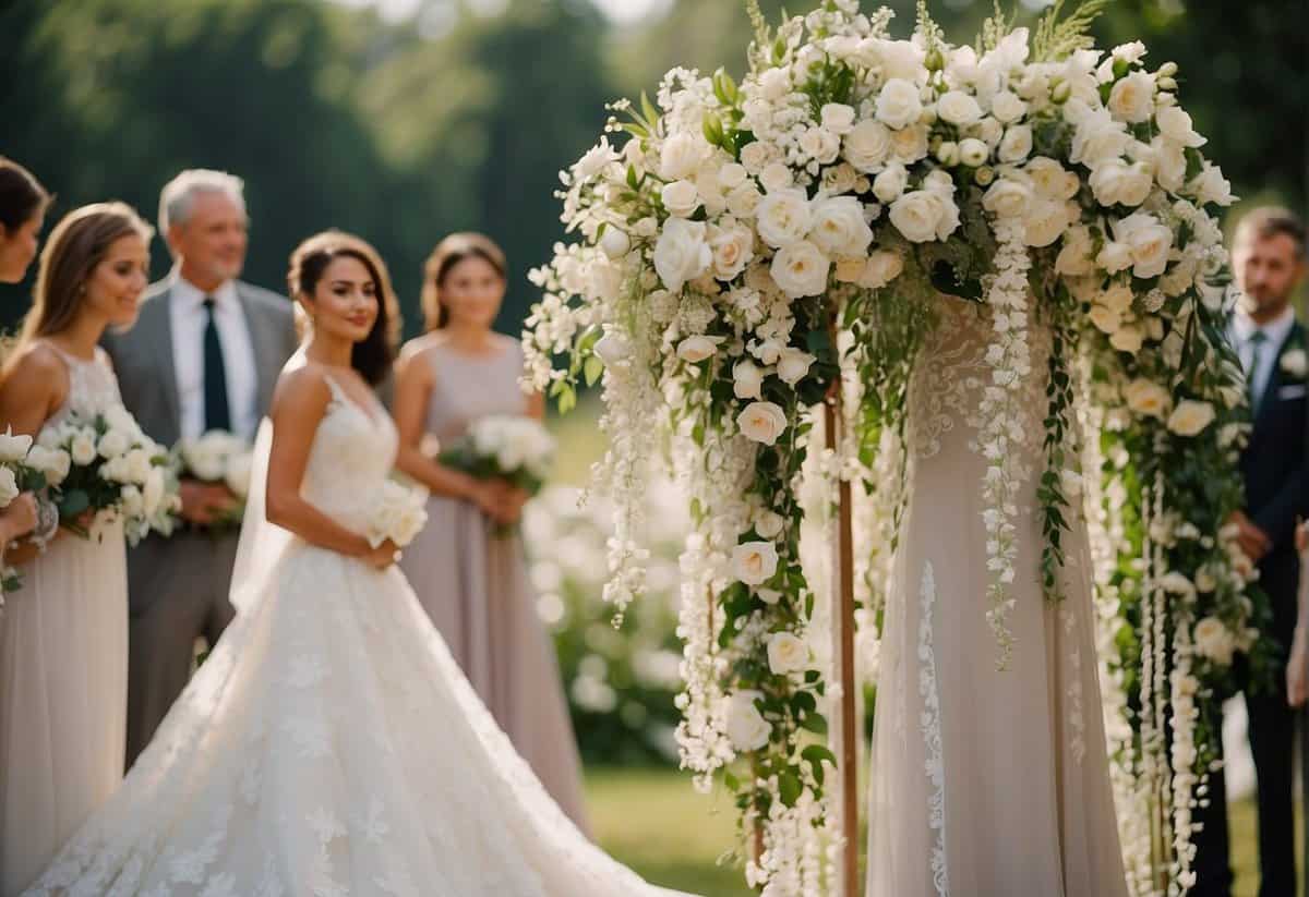 A beautiful outdoor wedding ceremony with blooming flowers, flowing fabric, and a serene atmosphere. The bride's dress is elegant and timeless, with delicate lace and intricate beadwork