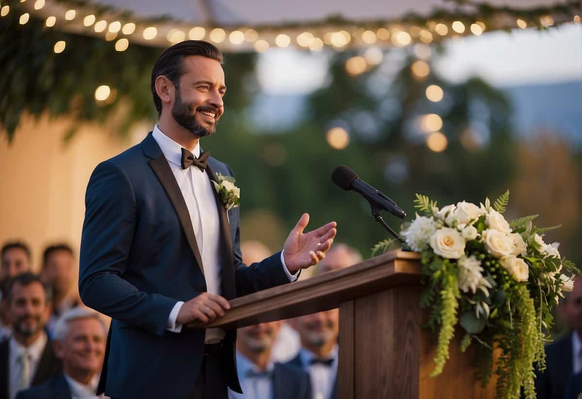The groom stands at the podium, confidently delivering his speech. His eyes sparkle with love as he shares heartfelt anecdotes and expresses his gratitude to the guests. The room is filled with laughter and tears of joy