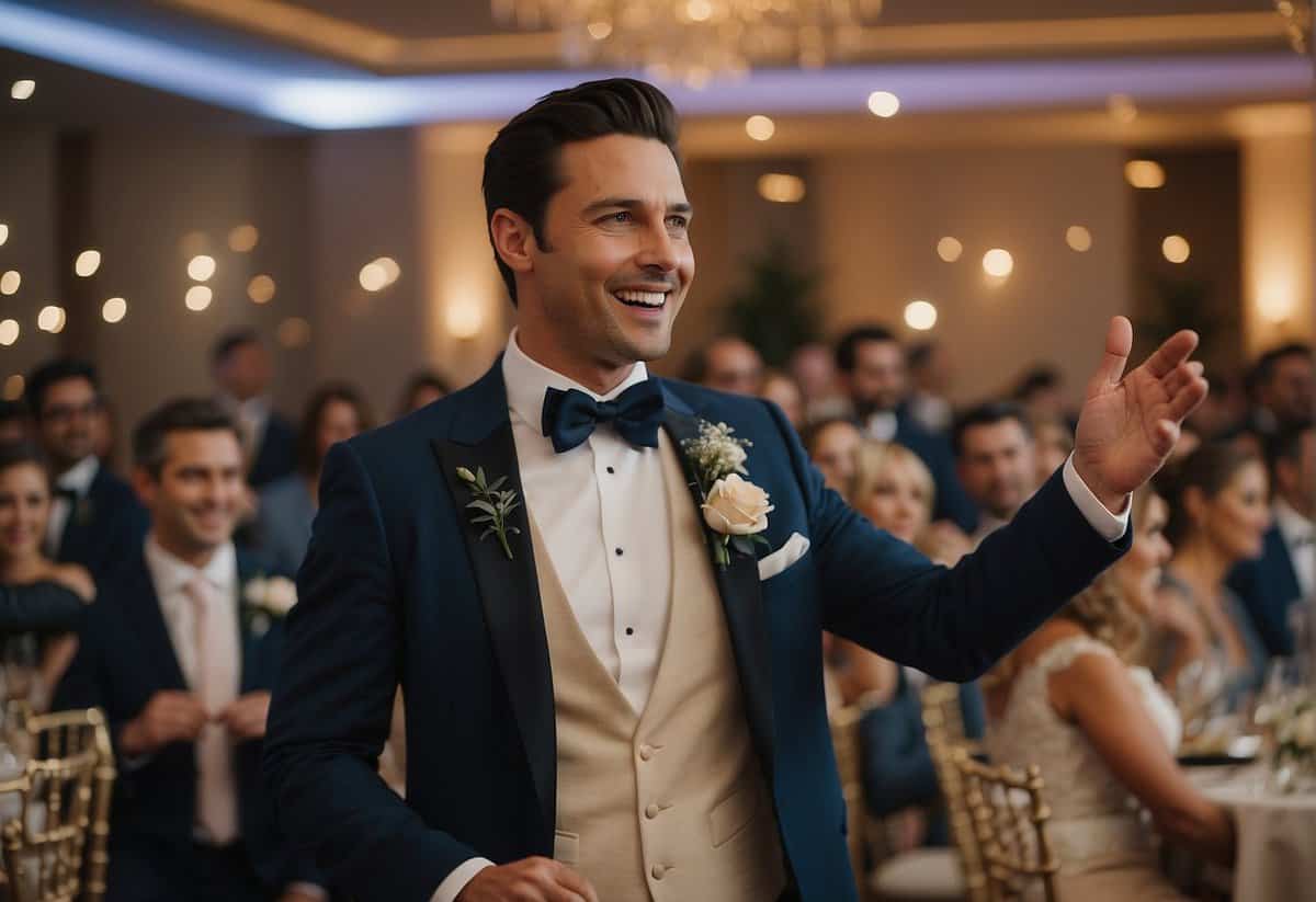 The groom stands at the center of the room, surrounded by important people. He gestures towards them, expressing gratitude and love in his wedding speech