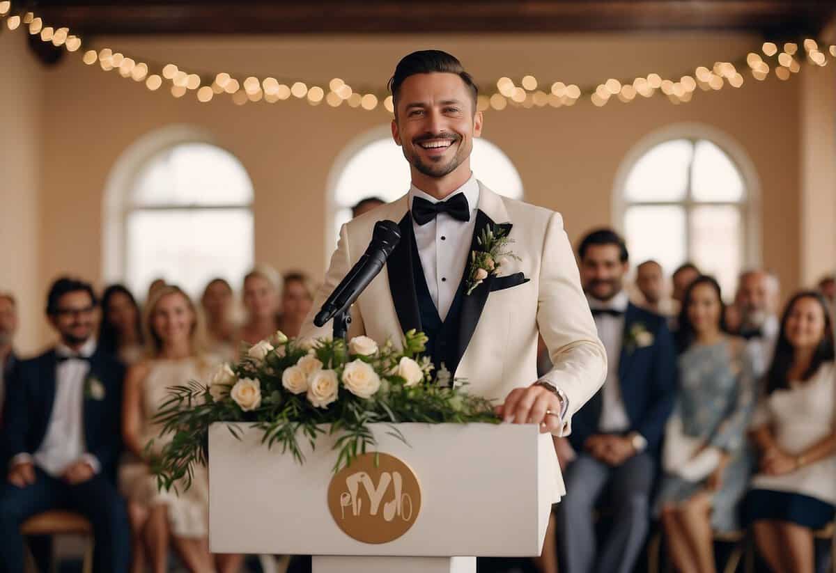 A groom standing at a podium, holding a handwritten speech with a warm smile, surrounded by wedding decorations and a loving audience