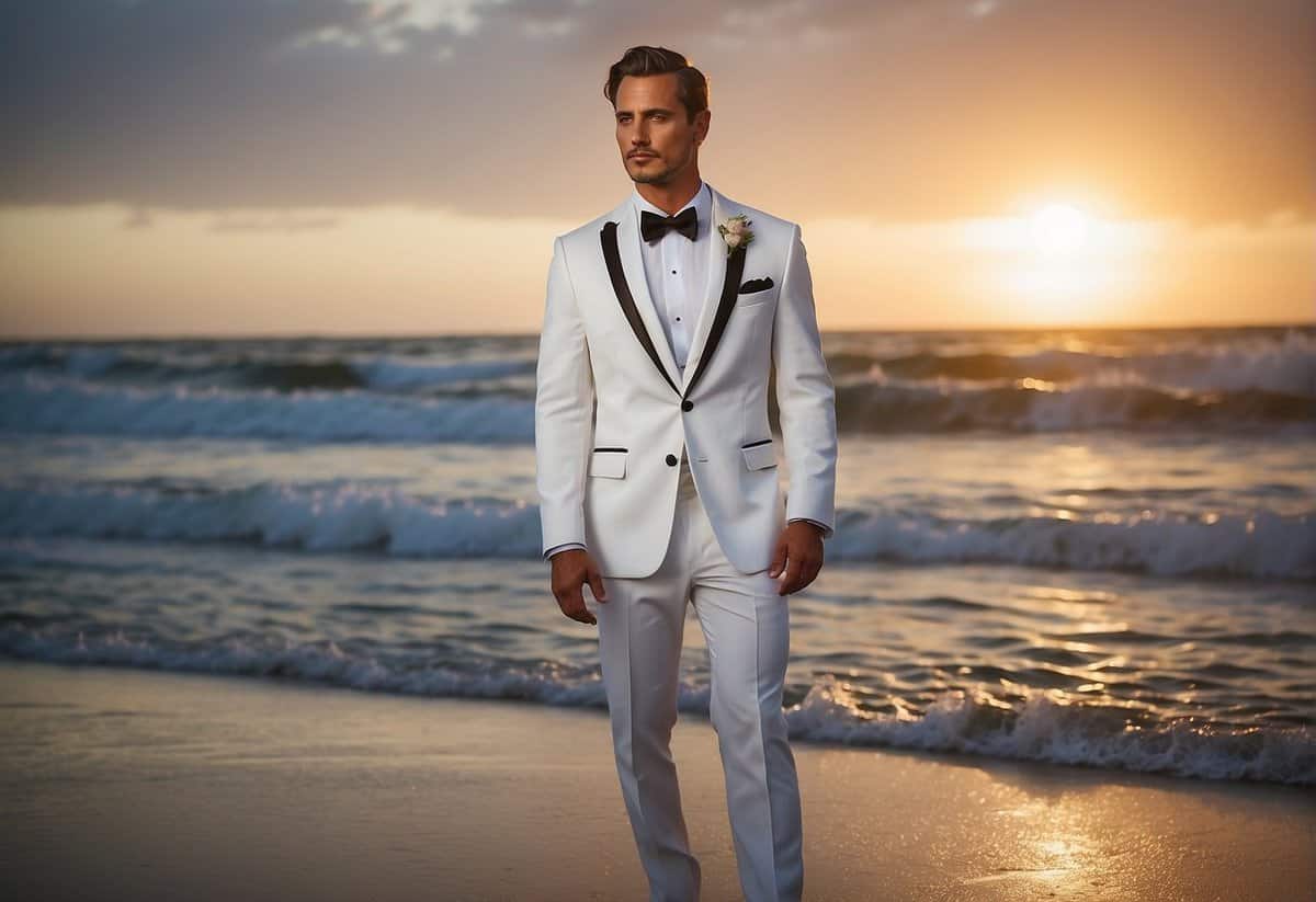 A groom in a sleek, white tuxedo stands barefoot on the sandy shore, with a backdrop of crashing waves and a setting sun