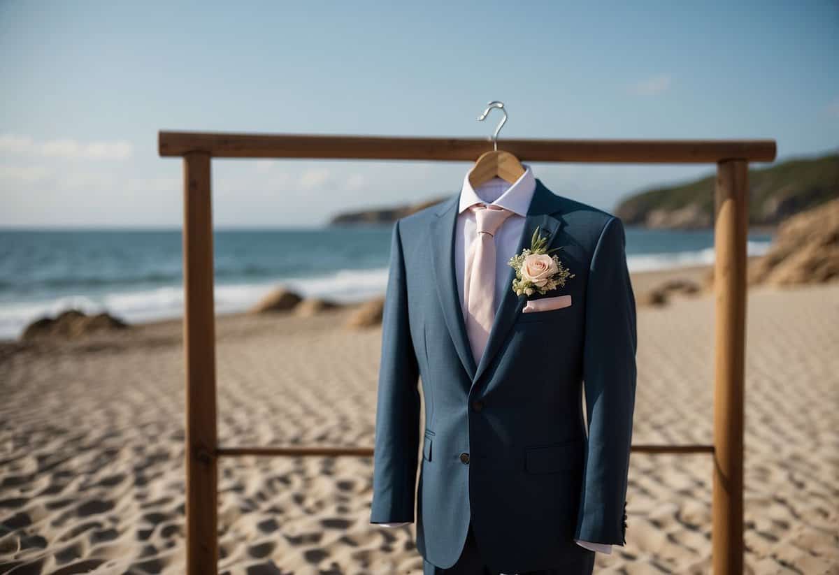 A beach wedding suit hangs on a wooden hanger, with the ocean in the background. The suit is tailored and stylish, with a relaxed and comfortable fit