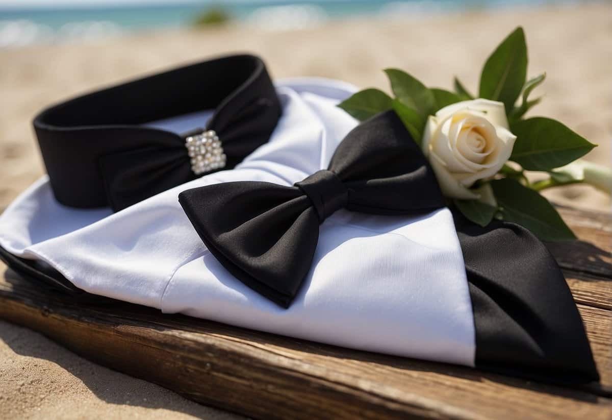 A groom's tuxedo laid out on a sandy beach, with a boutonniere, bow tie, and pocket square arranged on a wooden table
