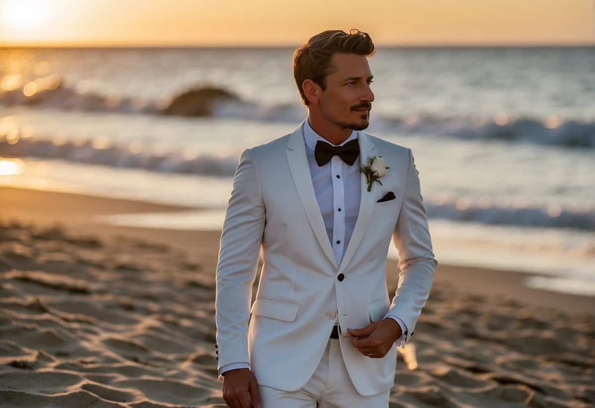 A groom in a crisp white tuxedo stands on a sandy beach, with the ocean in the background. The sun is setting, casting a warm glow over the scene