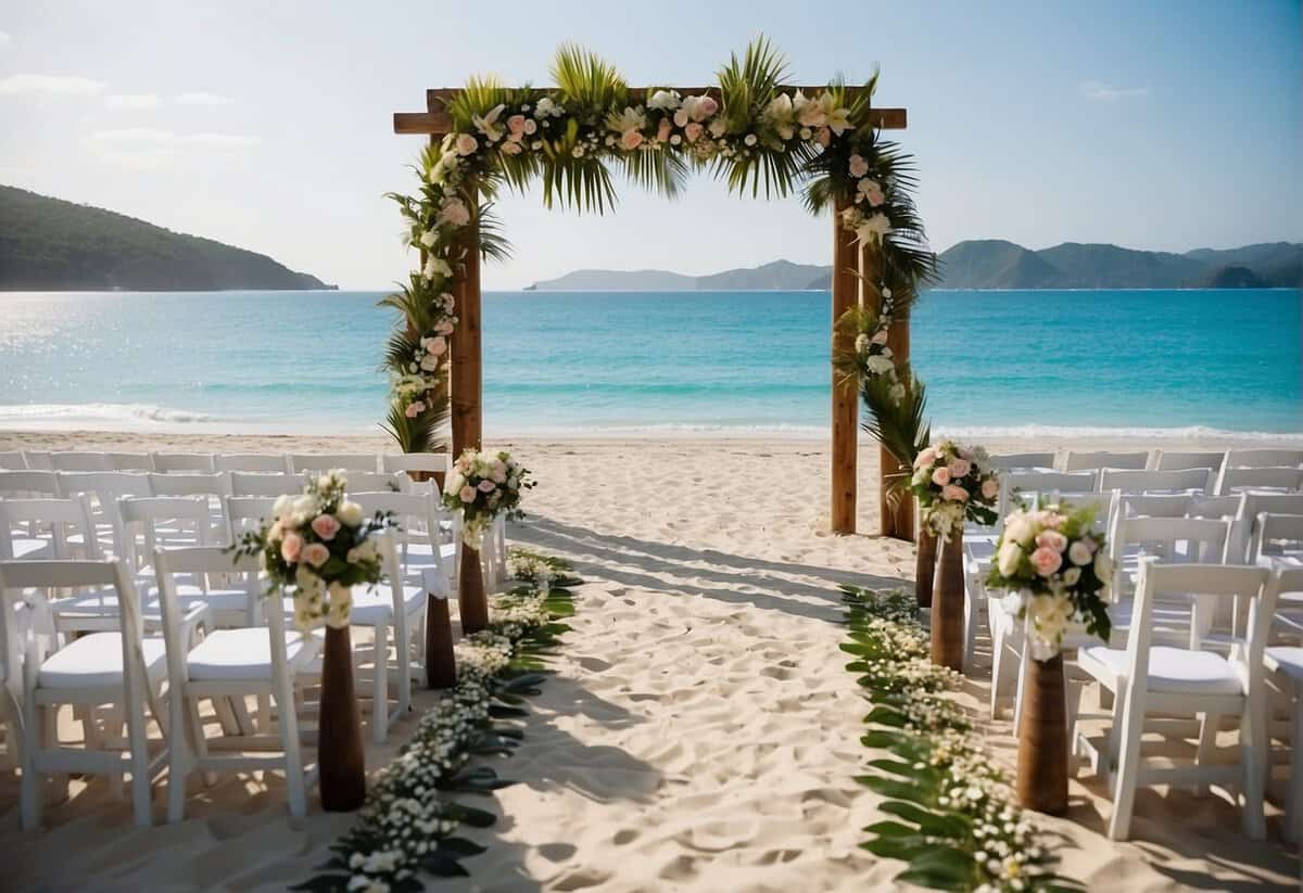 A beach wedding setup with a white sand backdrop, palm trees, and a clear blue ocean. A wooden arch adorned with tropical flowers and greenery stands in the center. White chairs arranged in rows face the arch