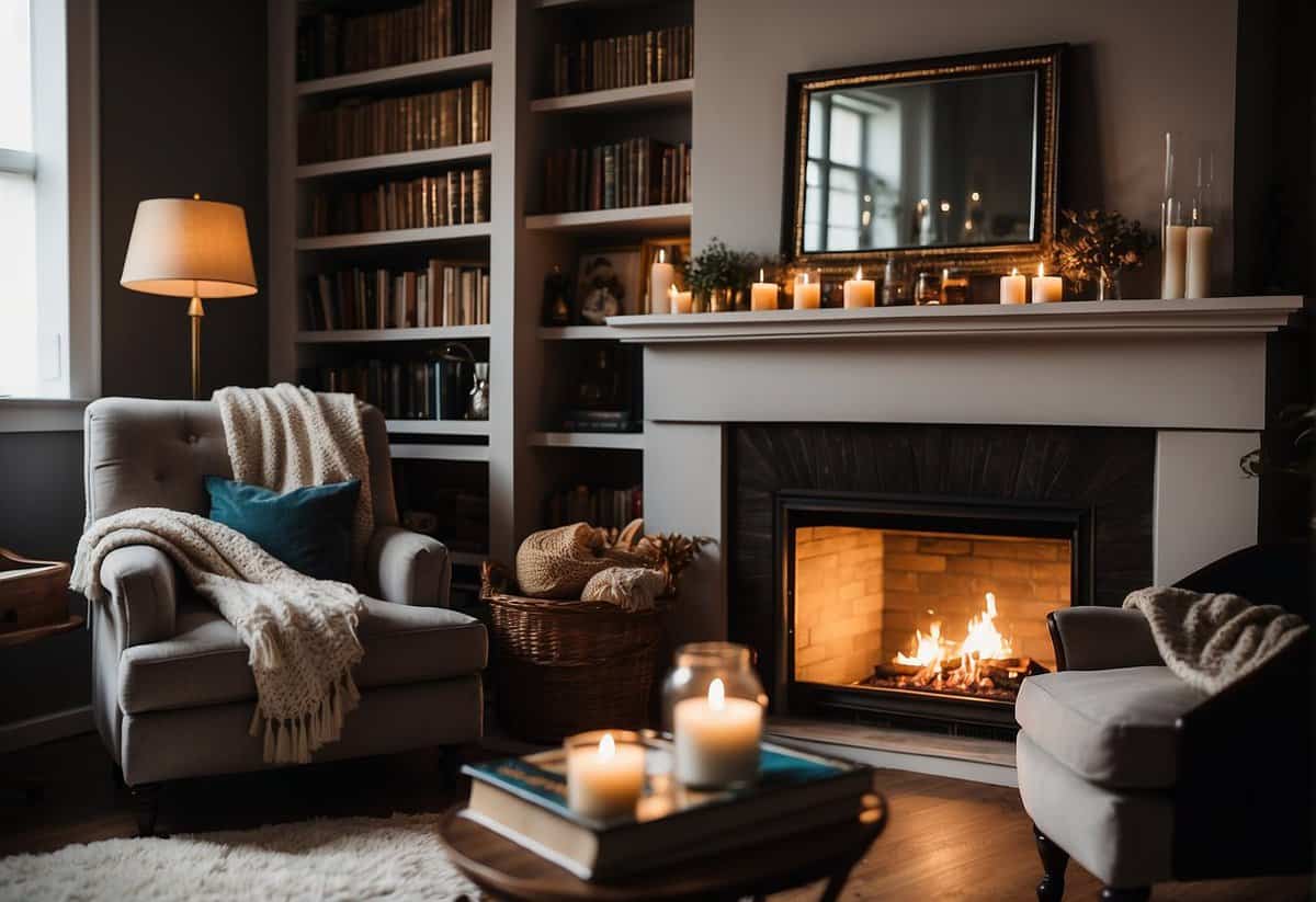 A cozy living room with a fireplace, adorned with personalized photo frames, scented candles, and a luxurious throw blanket. A bookshelf filled with classic novels and a cozy reading nook complete the scene
