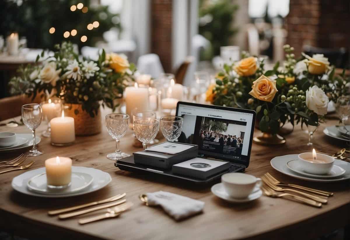 A table filled with unique and personalized wedding registry items, from custom artwork to experiential gifts, surrounded by happy couples