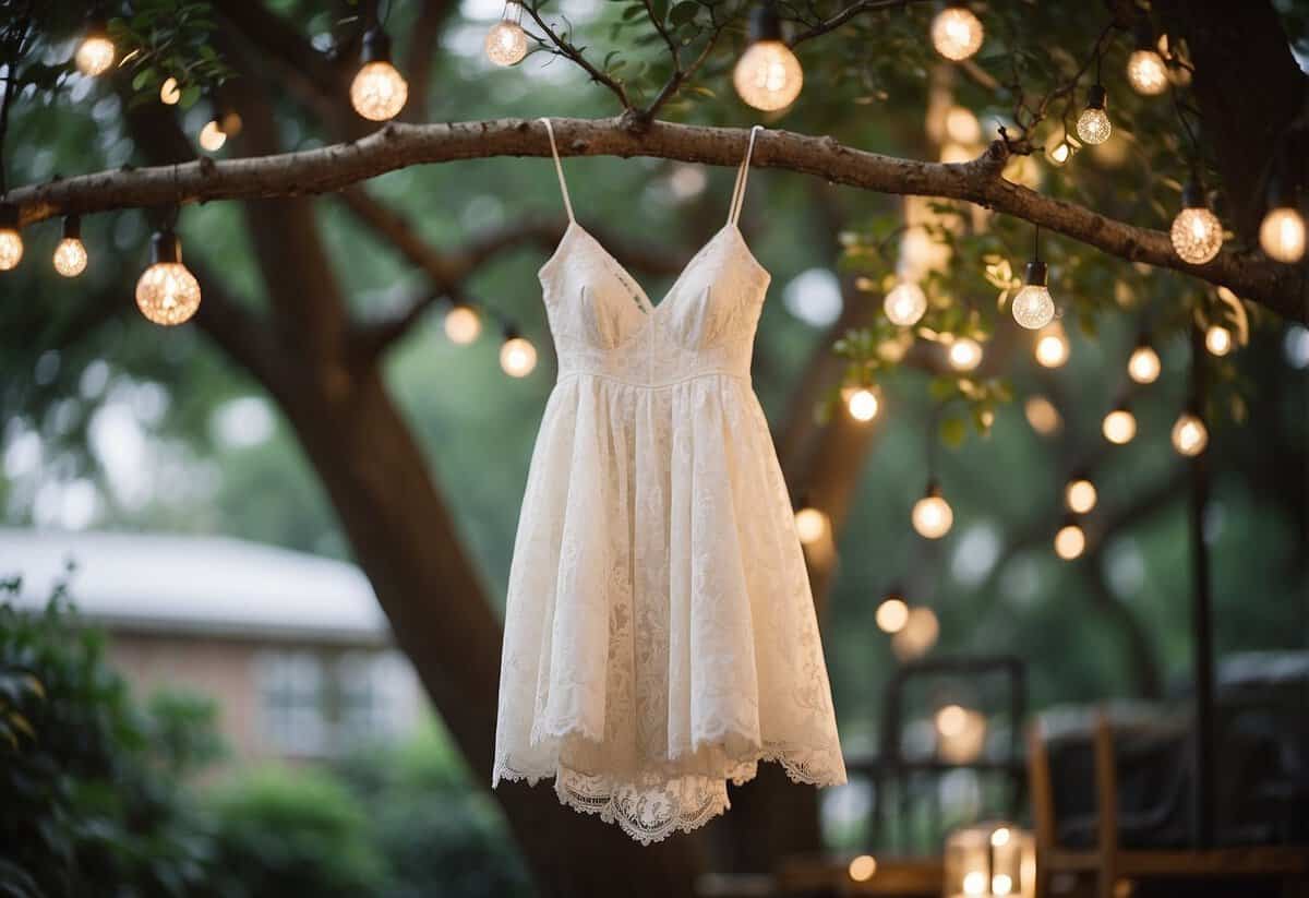 A white lace wedding dress hangs from a tree branch, surrounded by blooming flowers and twinkling string lights in a cozy backyard setting