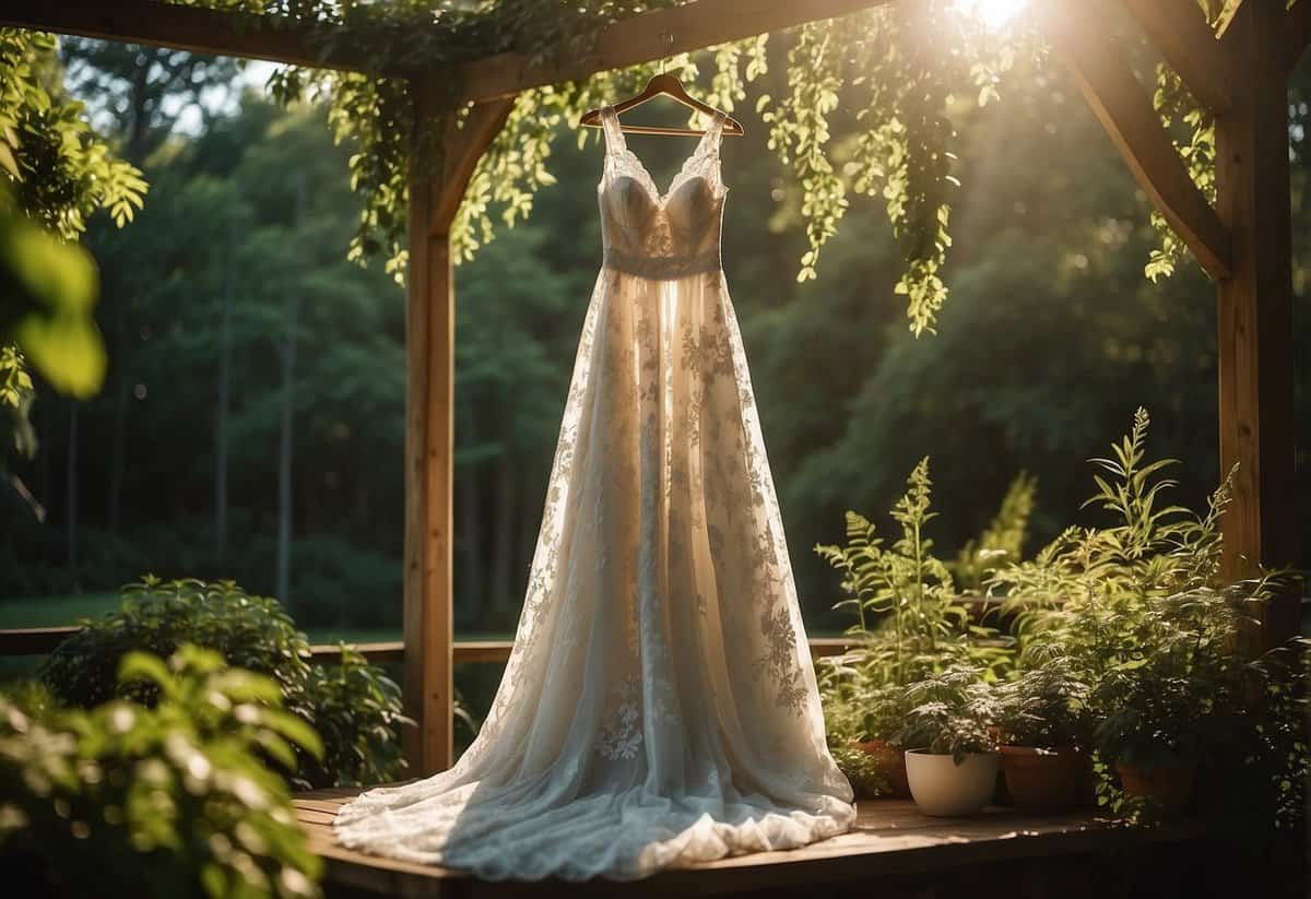 A backyard wedding dress displayed on a rustic wooden hanger, surrounded by lush greenery and soft sunlight filtering through the trees