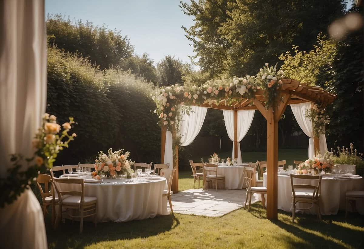 A sunny backyard with a gazebo and floral arch for a wedding. Dresses hanging on a clothesline with a table of accessories