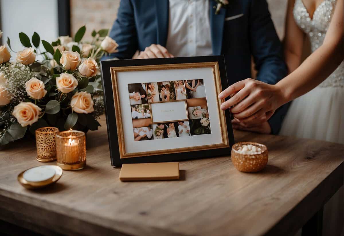 A couple's hands holding a framed photo collage of their wedding day, surrounded by a bouquet of roses and a bottle of champagne