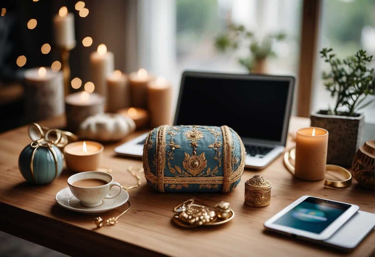 A table displays a mix of traditional and modern gifts for a 39th anniversary: lace and pottery alongside sleek electronics and stylish jewelry