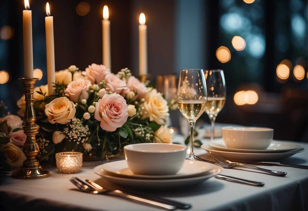 A romantic dinner set for two with a table adorned with candles, a bouquet of flowers, and a personalized 39th anniversary gift
