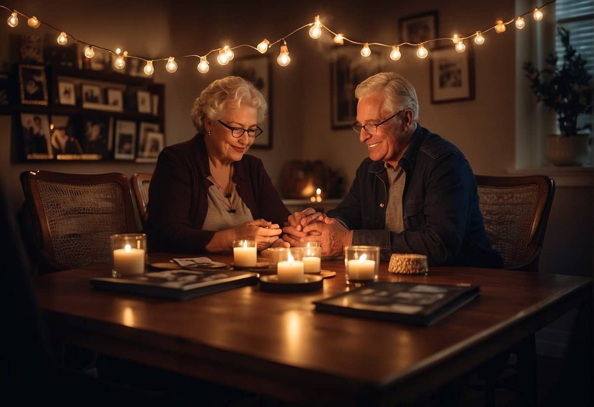 A couple sits at a candlelit table, surrounded by photos and mementos from their 39 years together. A personalized gift box sits in front of them, filled with tokens of love and memories