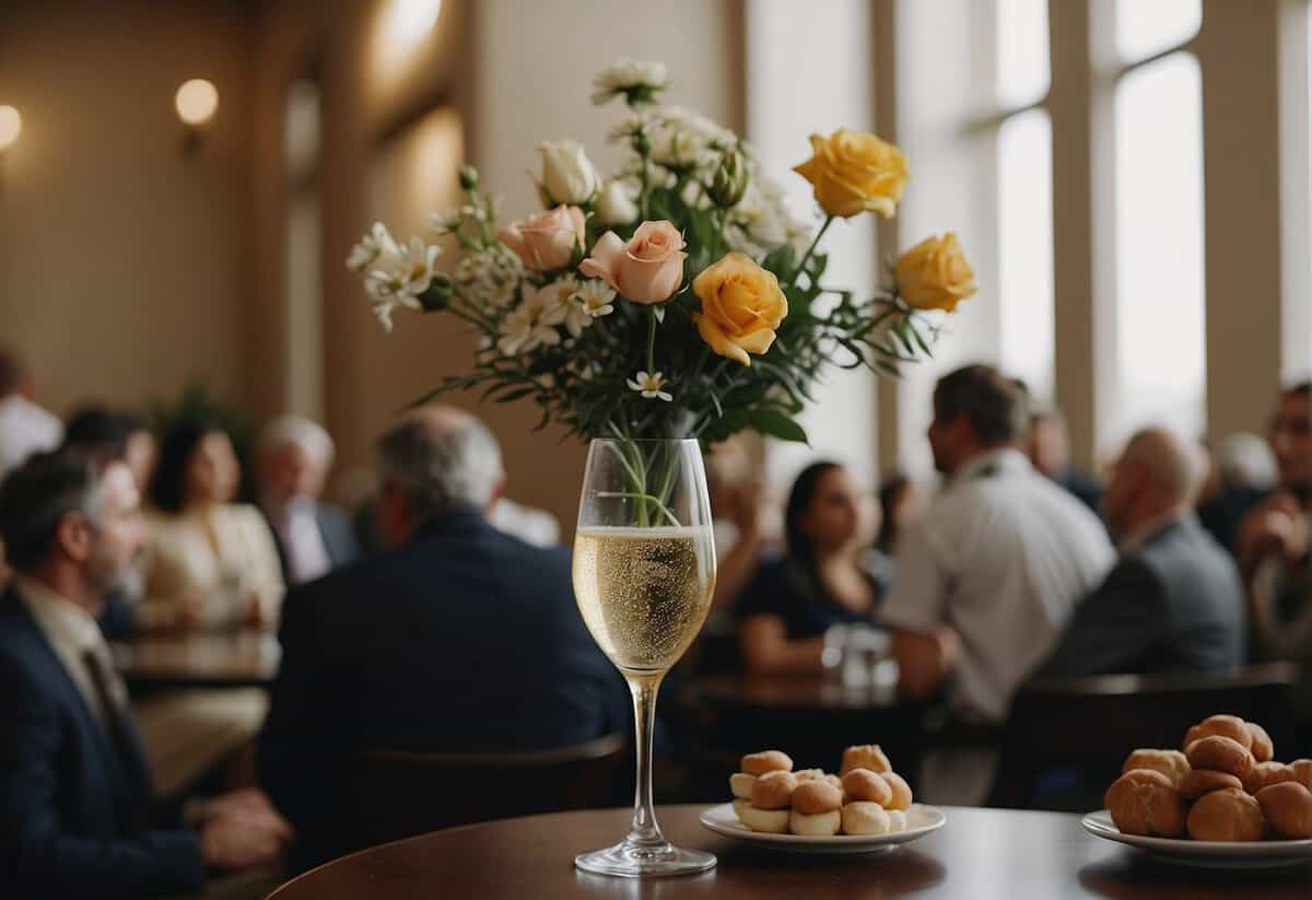 Guests mingle in a courthouse lobby, sipping champagne and nibbling on small bites. A simple floral arrangement adorns a table, while soft music plays in the background