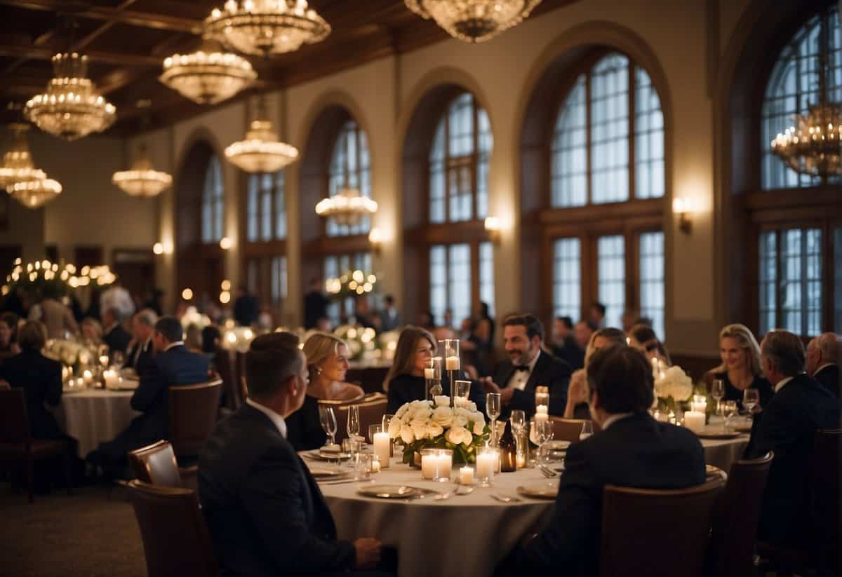 Guests mingle in a tastefully decorated courthouse reception hall. Tables are adorned with elegant centerpieces and soft candlelight. A small band plays soft music, creating a warm and intimate atmosphere
