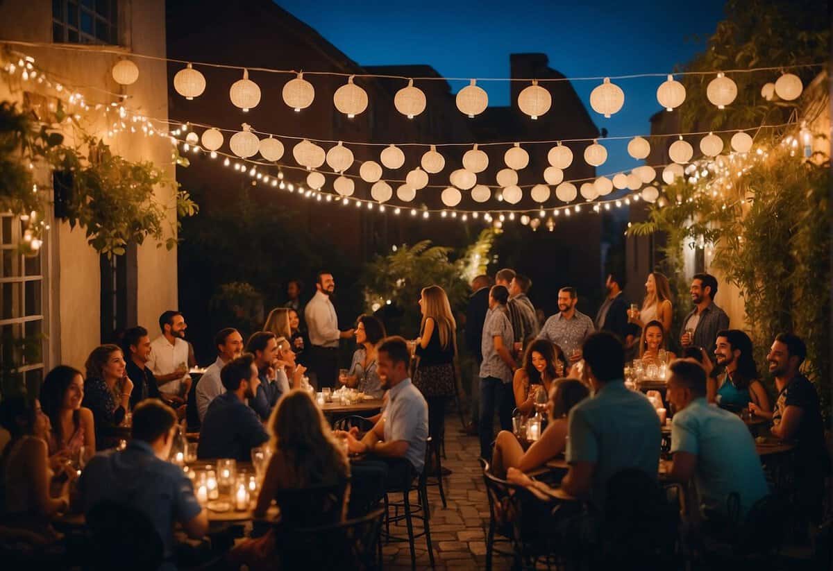 Guests mingle in a cozy courtyard adorned with twinkling lights and colorful lanterns. A live band plays soft music as people enjoy cocktails and small bites under the starry night sky