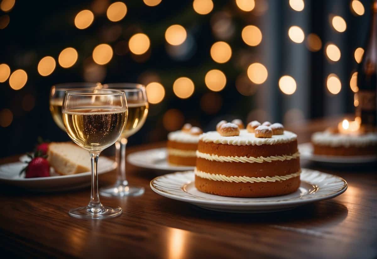 A cozy, intimate setting with fairy lights, a small cake, and champagne glasses on a decorated table