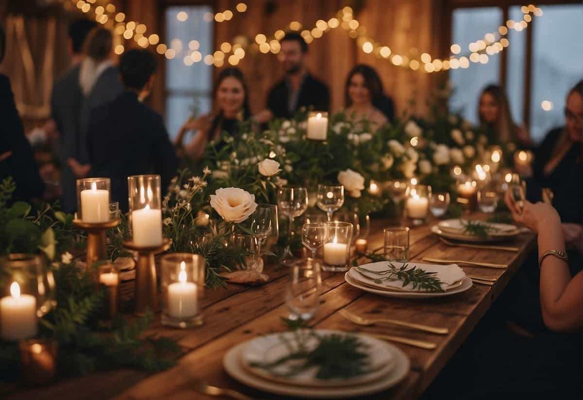 A cozy, intimate gathering with fairy lights, candles, and soft music. A rustic wooden table adorned with flowers and greenery. Guests mingling and toasting to the newlyweds