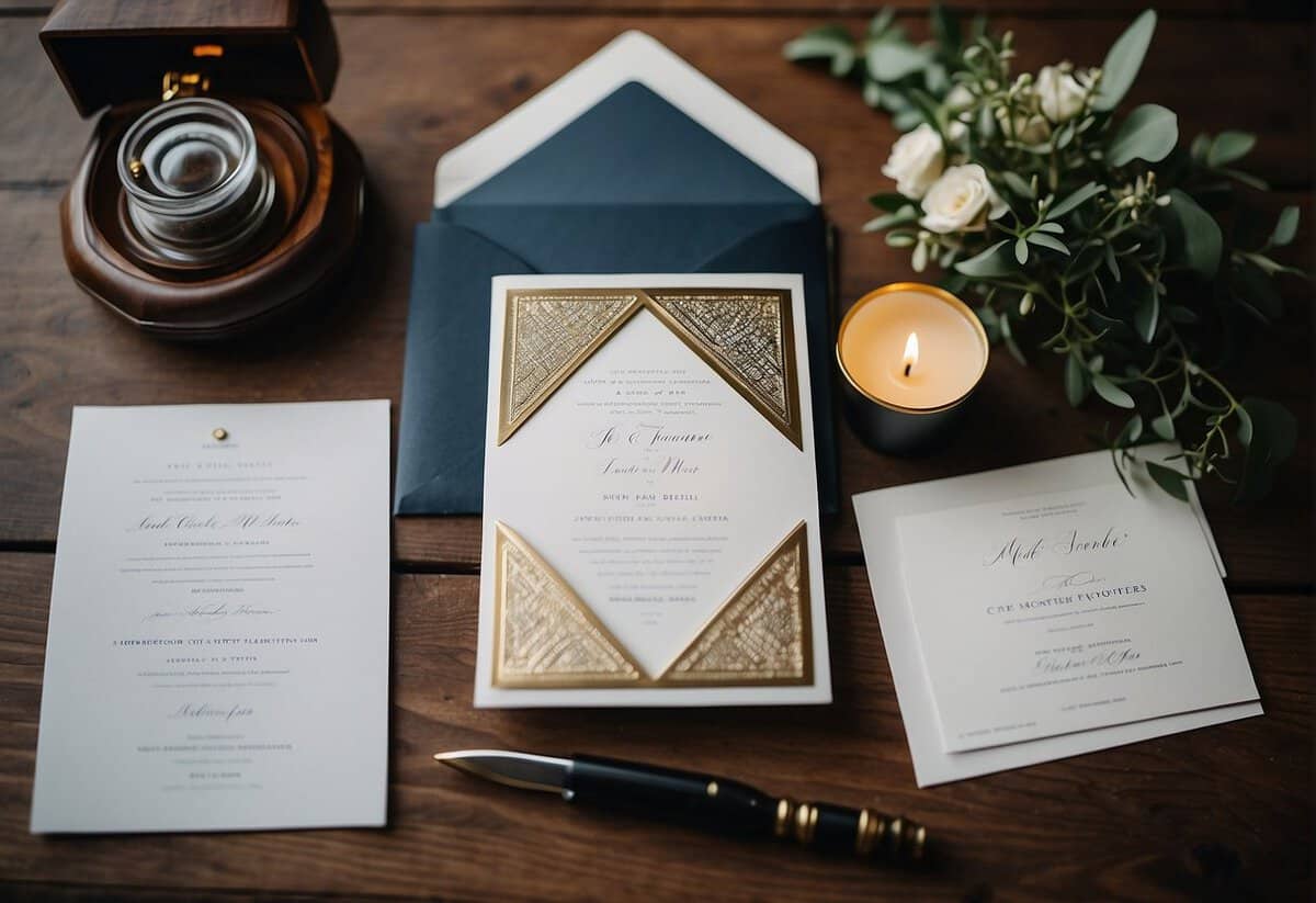 Groomsmen receive personalized invitations, engraved flasks, and handwritten letters, surrounded by wedding decor and attire