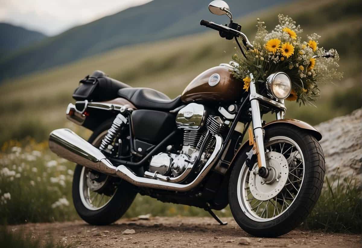 A biker wedding dress hanging on a motorcycle handlebar, with leather and lace details, surrounded by rugged boots and a bouquet of wildflowers