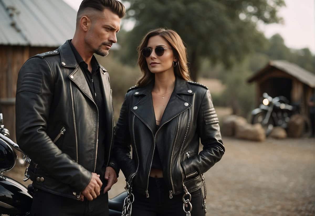 A leather-clad biker couple stands before a vintage motorcycle, adorned with metal studs and chains, as they exchange vows in a rugged outdoor setting