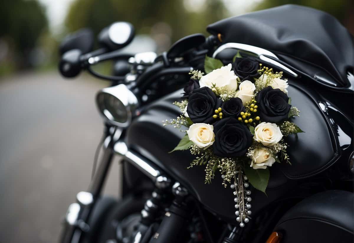 A leather jacket hangs on a motorcycle handlebar, with a bouquet of black roses and a veil draped over the seat. A skull-shaped helmet sits on the ground next to the bike