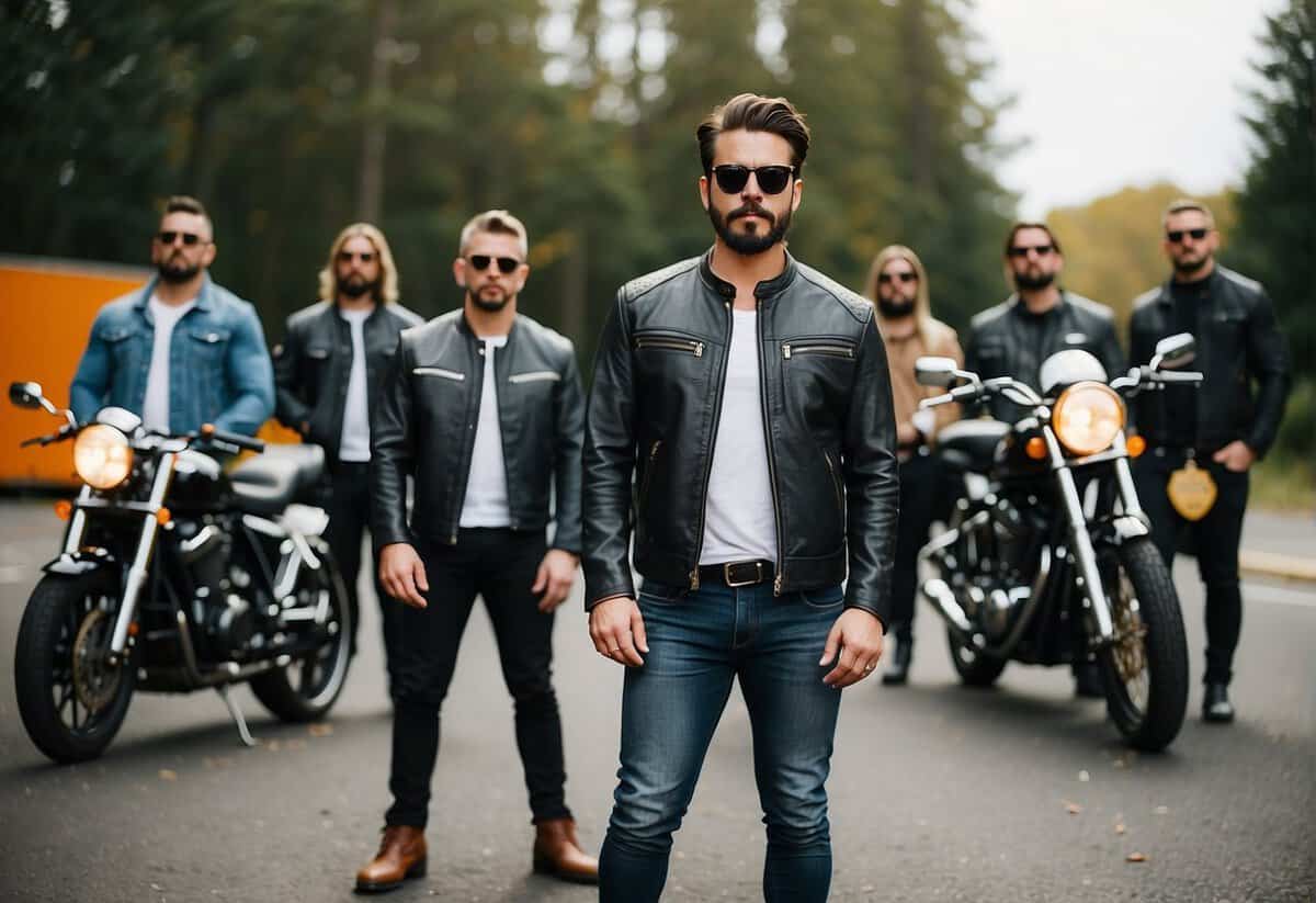 Groom and groomsmen in leather jackets, denim jeans, and biker boots, with bandanas and sunglasses, standing next to motorcycles