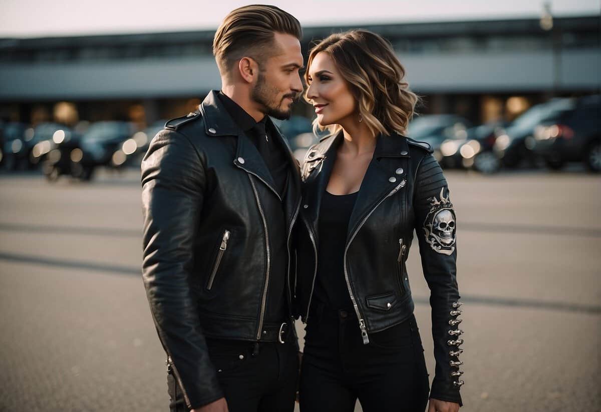 A motorcycle-themed wedding with leather accents, skull motifs, and black and chrome decor. A biker bride in a leather jacket and a groom in a sleek black suit