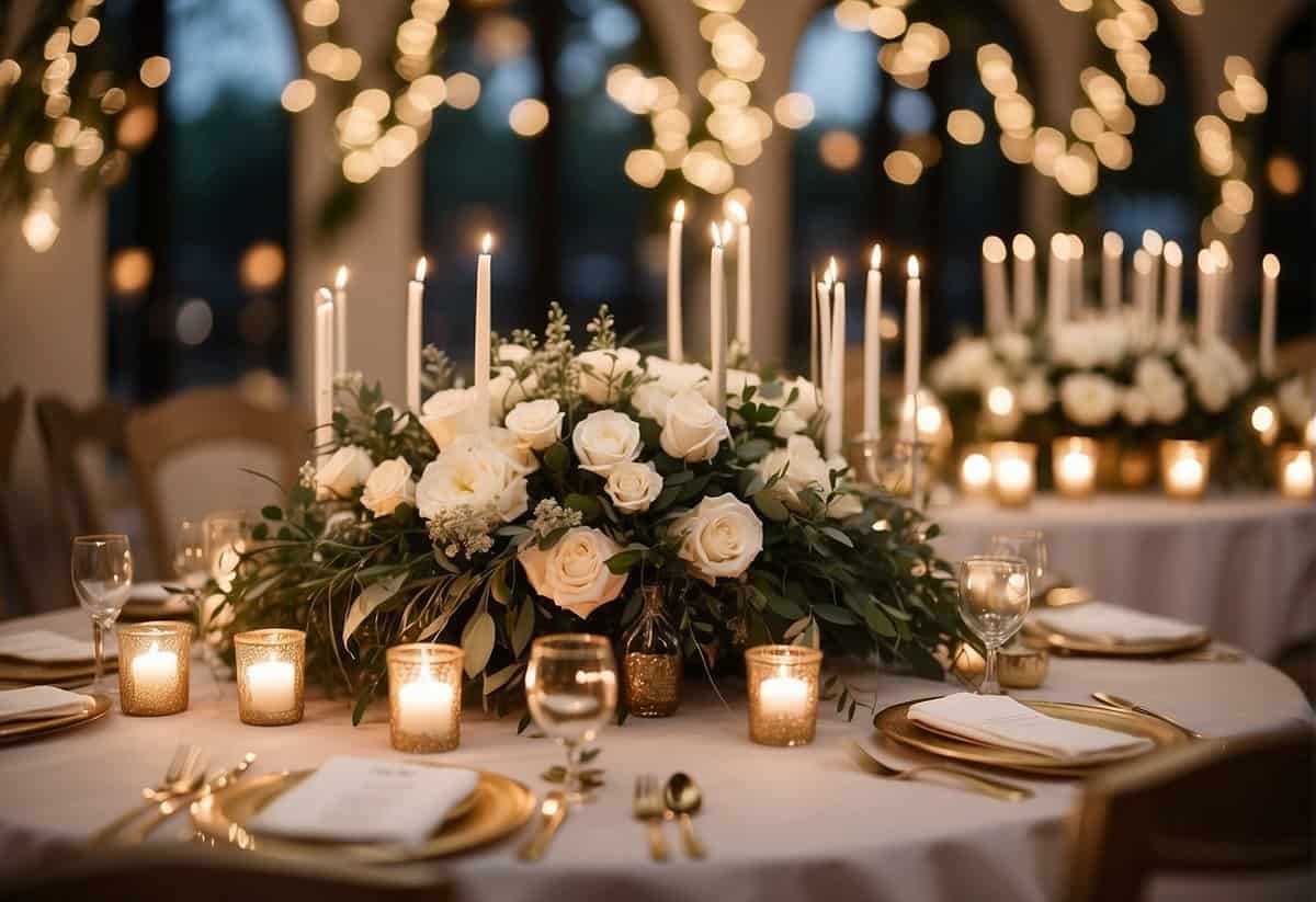 Elegant white floral centerpieces on round tables with gold accents. String lights and candles create a romantic ambiance. A simple, modern backdrop with greenery and a personalized sign
