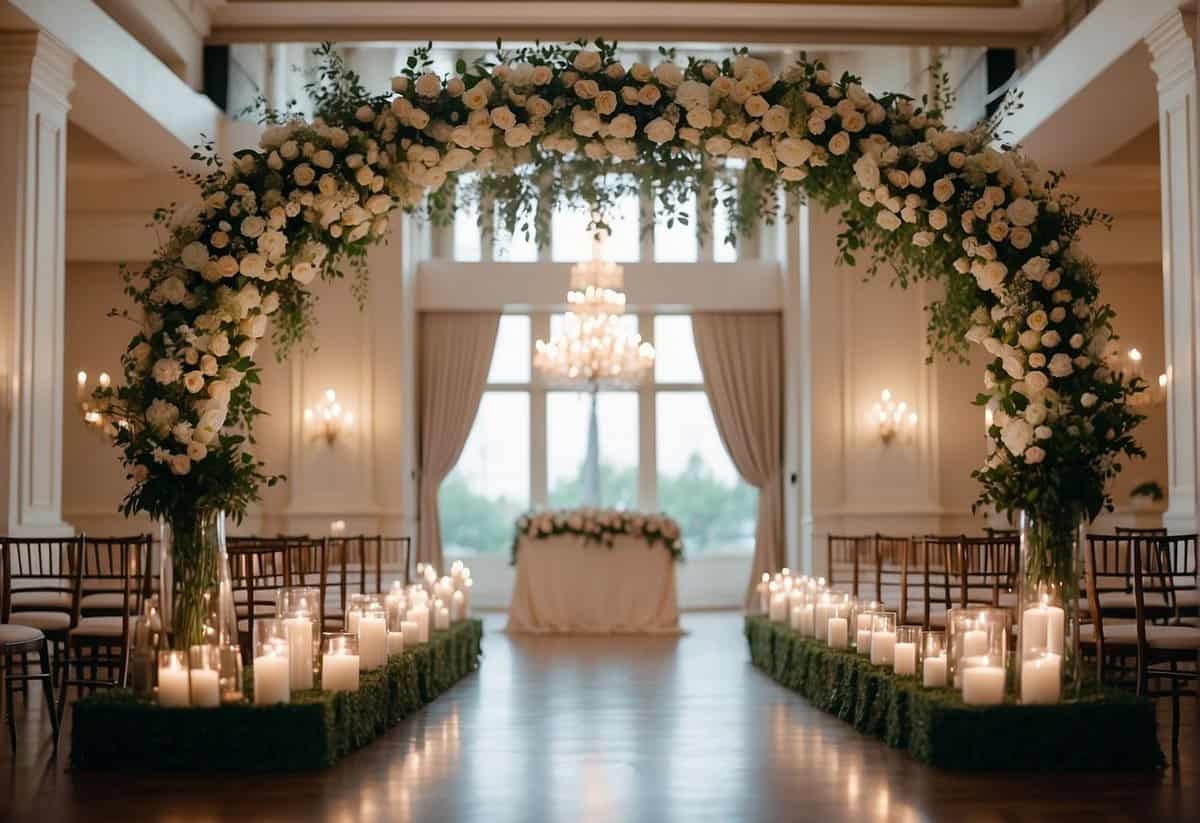 The venue is adorned with elegant floral arrangements, soft candlelight, and delicate drapery, creating a romantic and intimate atmosphere for a civil wedding ceremony