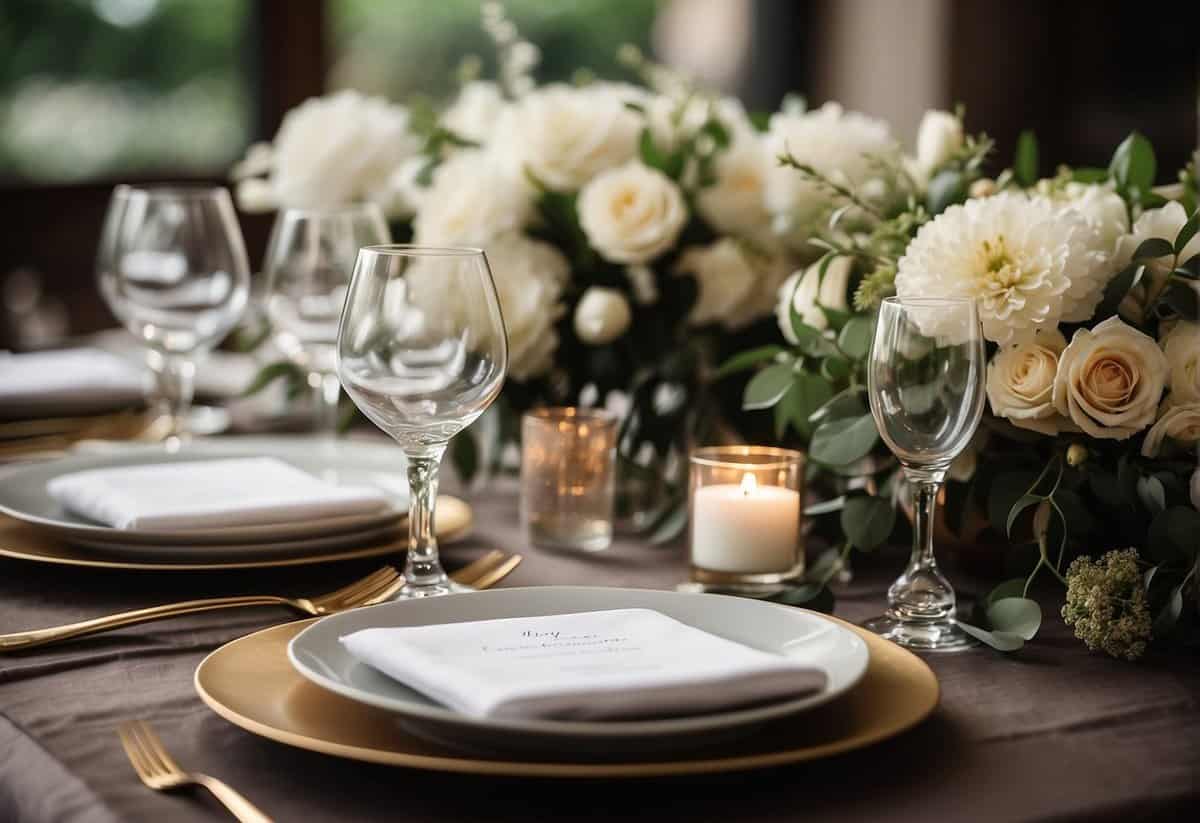 A simple, elegant table setting with white linens, fresh flowers, and personalized place cards for a civil wedding ceremony