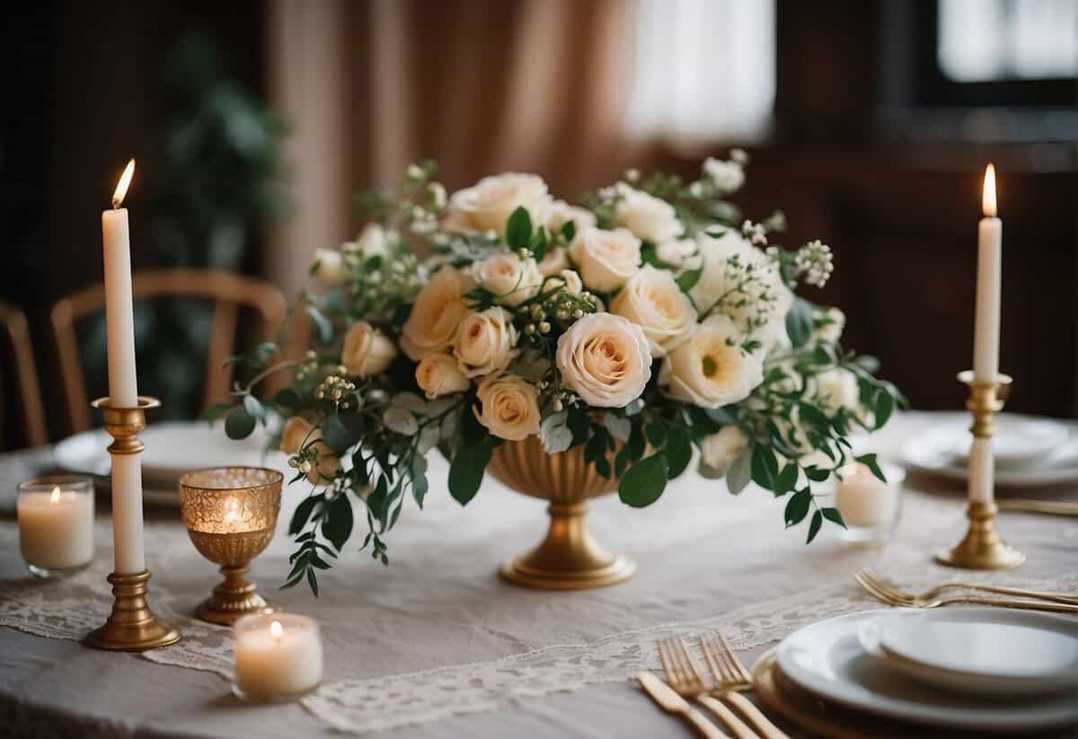 Bouquet placed on elegant table with lace runner, surrounded by candles and delicate floral arrangements