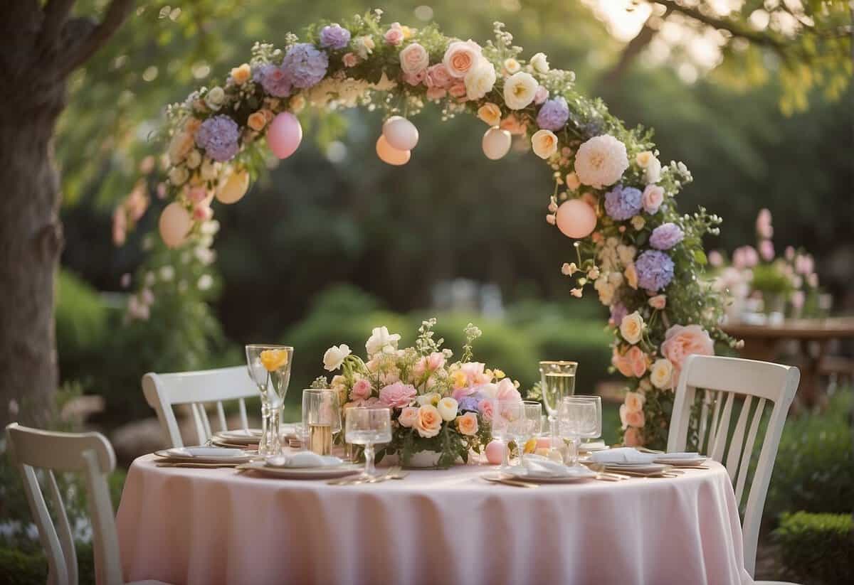 A colorful garden with blooming flowers, a decorated arch, and a table set with pastel-colored linens and Easter-themed centerpieces