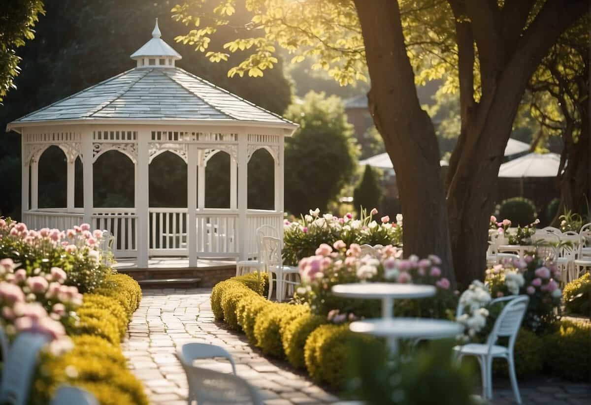 The sun shines brightly over a lush garden adorned with pastel-colored flowers and delicate Easter decorations. A white gazebo stands as the focal point, surrounded by rows of white chairs for guests
