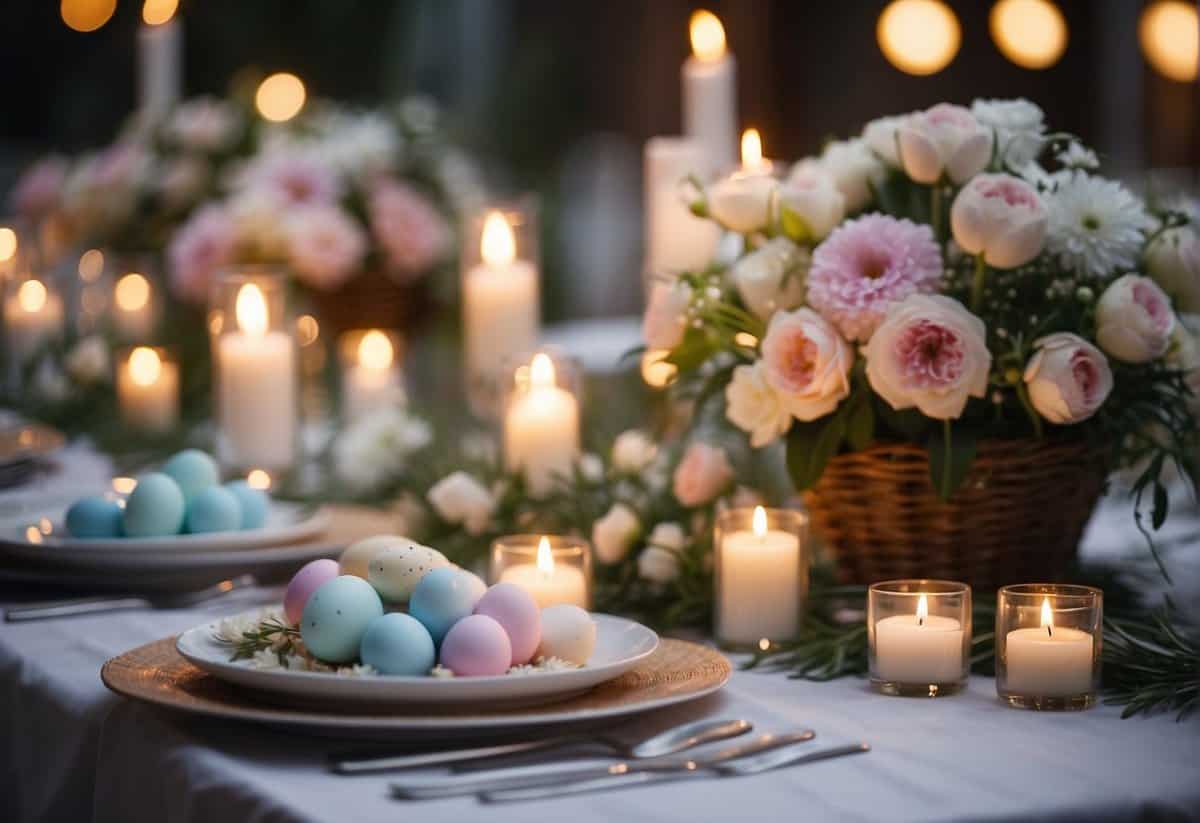 A table adorned with pastel-colored flowers, delicate Easter eggs, and soft candlelight creates a romantic atmosphere for an Easter wedding celebration