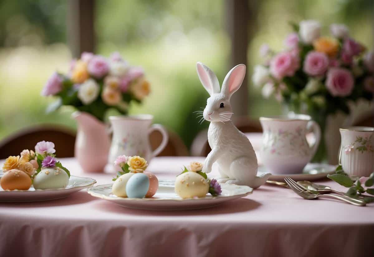 A table set with pastel-colored tablecloth, floral centerpieces, and Easter-themed place settings. A bride and groom bunny cake topper sits atop a tiered wedding cake adorned with spring flowers