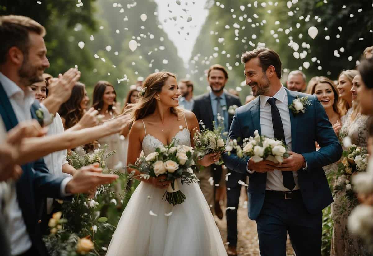 Guests wave biodegradable confetti and release eco-friendly balloons at a wedding send-off. The couple walks through a tunnel of greenery and flowers, surrounded by nature-inspired decor