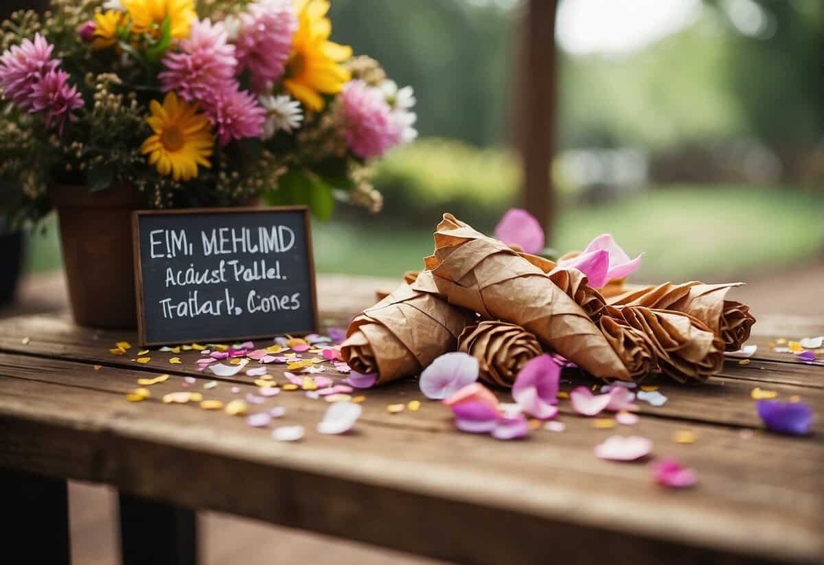 Colorful biodegradable confetti and flower petal cones arranged on a rustic table with eco-friendly signage and natural decor